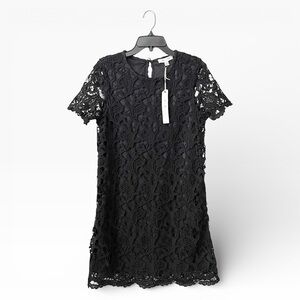 She + Sky Black Lace Shift Dress Women's Size S Short Sleeve Button Above Knee
